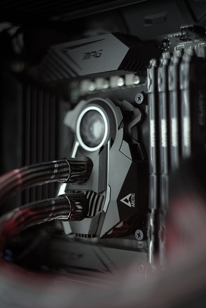 Detailed image of a high-tech PC cooling system with wiring and equipment.