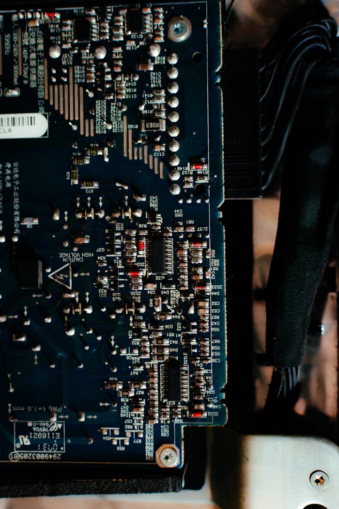 Detailed image of a circuit board showing intricate patterns and components.